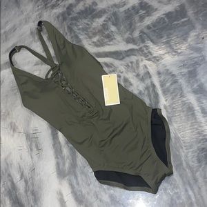 NEW MICHEAL KORS ONE PIECE LACE UP SWIM SUIT GREEN